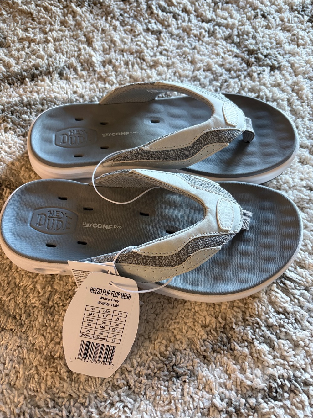 Hey Dude Men’s White and Grey Mesh Flip Flop Sandals